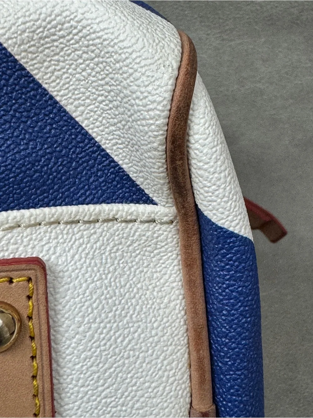 Dooney & Bourke Blue and White Chevron Duffel with Brown Leather Trim